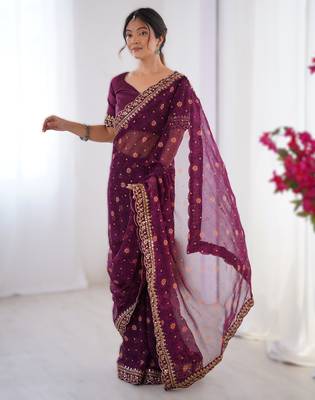 Wine floral printed georgette chiffon saree with foil work & embroidered lace border 1