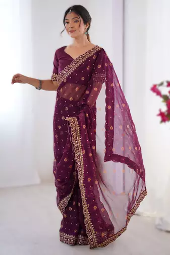 Wine floral printed georgette chiffon saree with foil work & embroidered lace border
