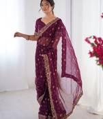 Wine floral printed georgette chiffon saree with foil work & embroidered lace border