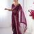 Wine floral printed georgette chiffon saree with foil work & embroidered lace border