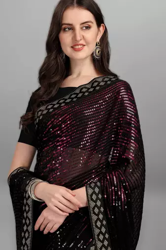 Pink georgette saree with double run sequins embroidery & satin lace border
