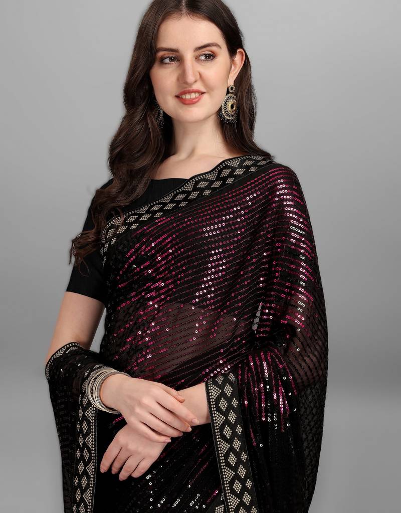 Pinkheavy georgette designer saree with double run sequins embroidery & satin lace border