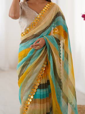 Yellow heavy smooth marble chiffon leriya print saree with zari work & double line paper mirror border 3