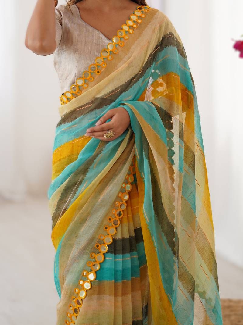 Yellow heavy smooth marble chiffon leriya print saree with zari work & double line paper mirror border