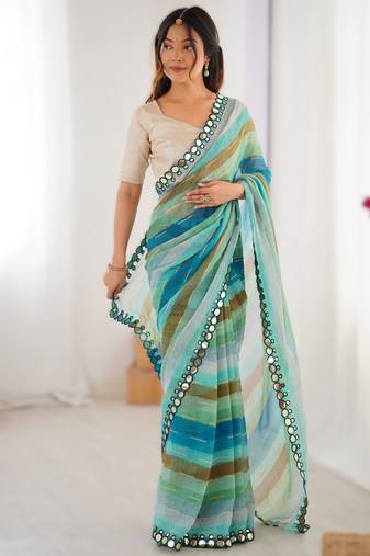Sea green heavy smooth marble chiffon leriya print saree with zari work & double line paper mirror border