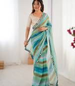 Sea green heavy smooth marble chiffon leriya print saree with zari work & double line paper mirror border