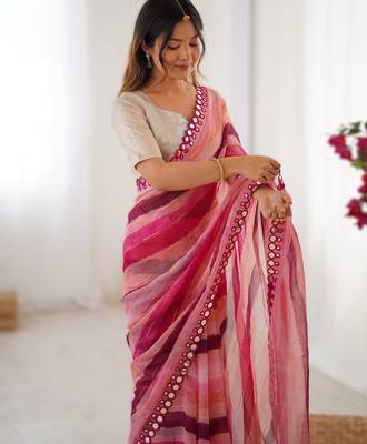 Pink heavy smooth marble chiffon leriya print saree with zari work & double line paper mirror border 2