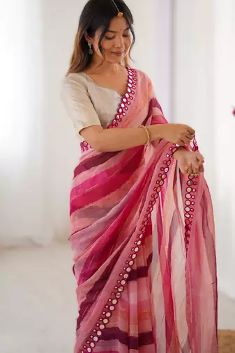Pink heavy smooth marble chiffon leriya print saree with zari work & double line paper mirror border