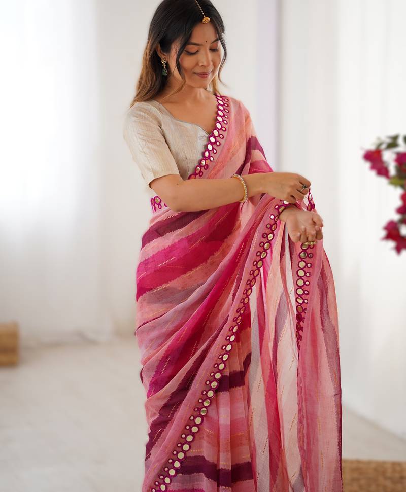 Pink heavy smooth marble chiffon leriya print saree with zari work & double line paper mirror border