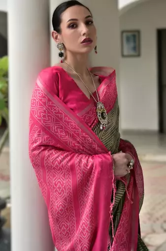 Grey soft desi tussar silk blend saree with unique ikkat painted design & pallu