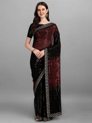 Red georgette saree with double run sequins embroidery & satin lace border 1