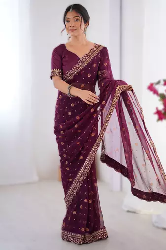Wine floral printed georgette chiffon saree with foil work & embroidered lace border