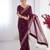 Wine floral printed georgette chiffon saree with foil work & embroidered lace border