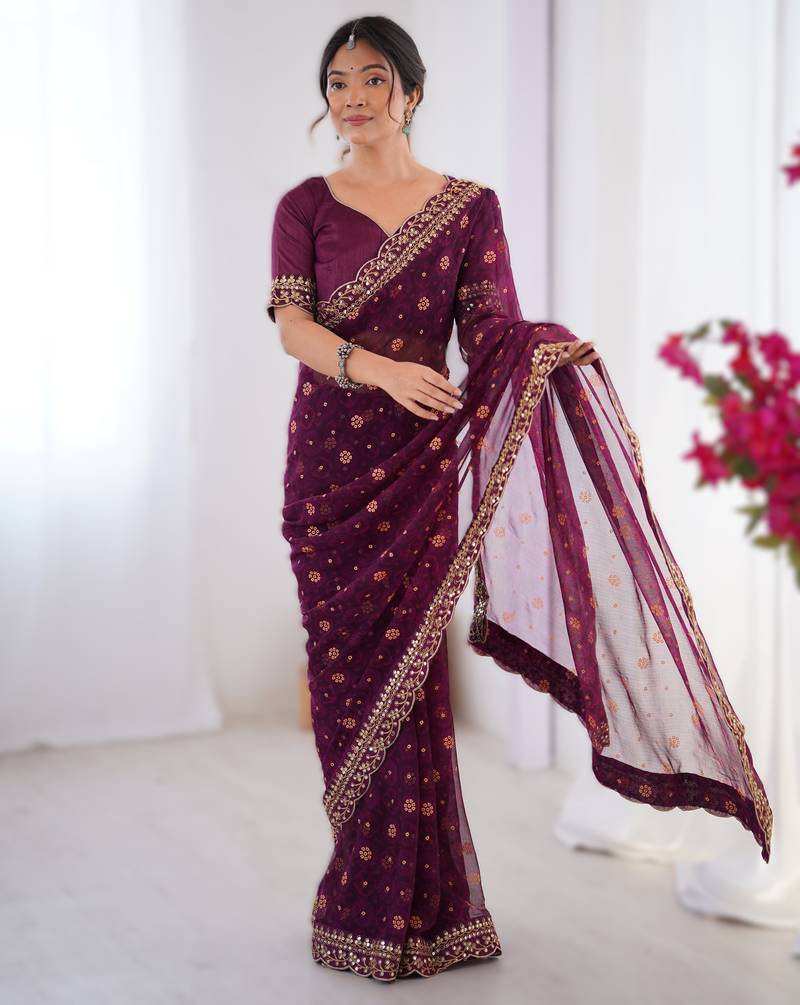Wine floral printed georgette chiffon saree with foil work & embroidered lace border