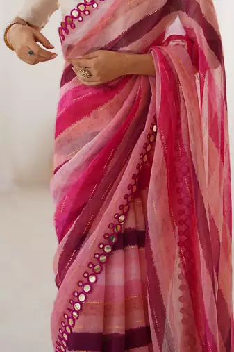 Pink heavy smooth marble chiffon leriya print saree with zari work & double line paper mirror border