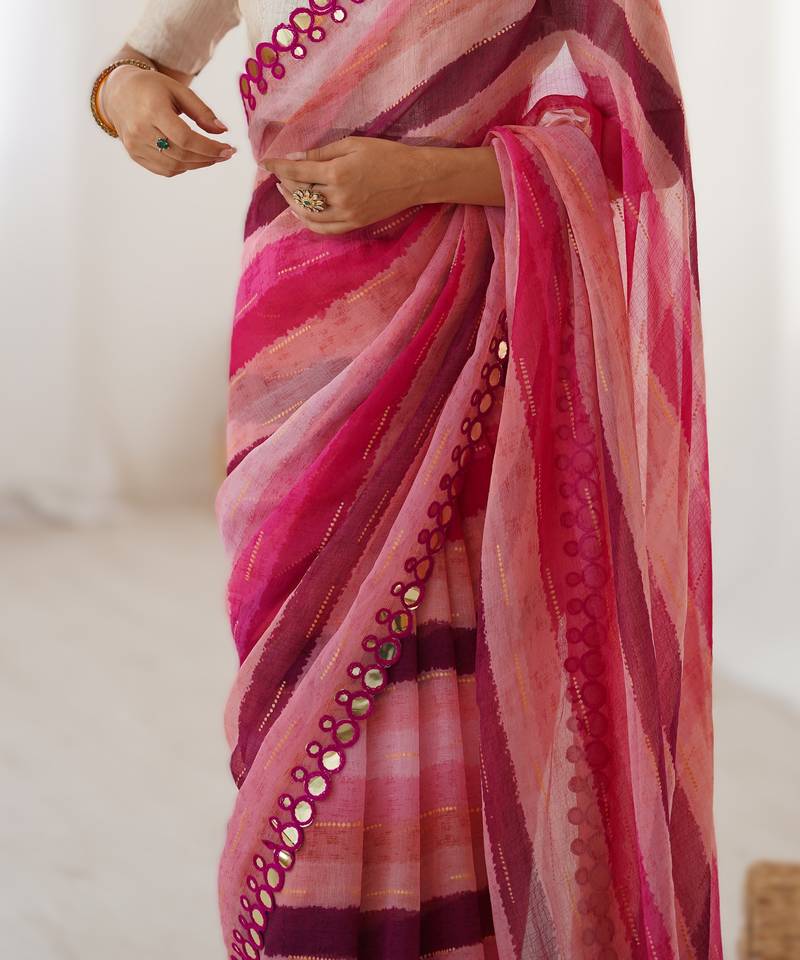 Pink heavy smooth marble chiffon leriya print saree with zari work & double line paper mirror border