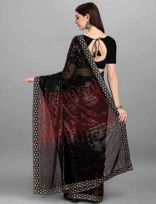 Red georgette saree with double run sequins embroidery & satin lace border 2