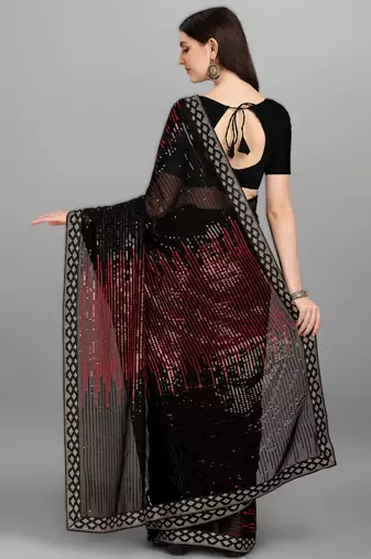 Red georgette saree with double run sequins embroidery & satin lace border