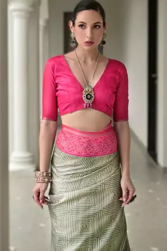 Grey soft desi tussar silk blend saree with unique ikkat painted design & pallu