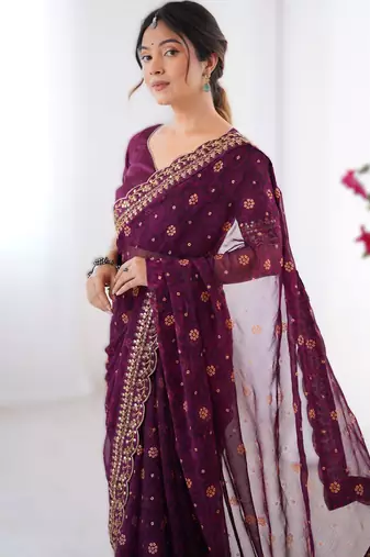 Wine floral printed georgette chiffon saree with foil work & embroidered lace border