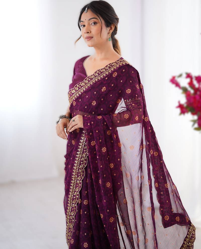 Wine floral printed georgette chiffon saree with foil work & embroidered lace border