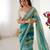 Sea green heavy smooth marble chiffon leriya print saree with zari work & double line paper mirror border