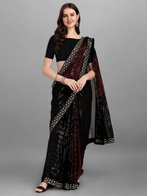Red georgette saree with double run sequins embroidery & satin lace border 3