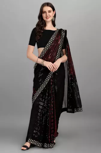 Red georgette saree with double run sequins embroidery & satin lace border