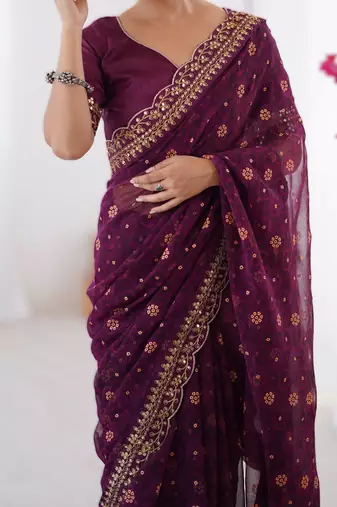 Wine floral printed georgette chiffon saree with foil work & embroidered lace border