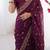 Wine floral printed georgette chiffon saree with foil work & embroidered lace border
