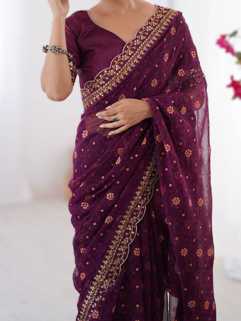 Wine floral printed georgette chiffon saree with foil work & embroidered lace border