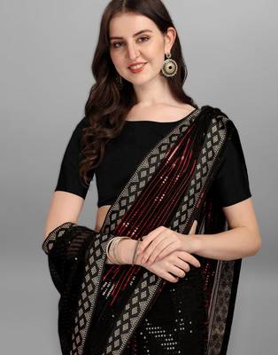 Red georgette saree with double run sequins embroidery & satin lace border 4