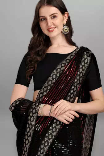Red georgette saree with double run sequins embroidery & satin lace border