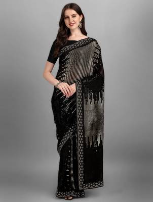 Golden georgette saree with double run sequins embroidery & satin lace border 1