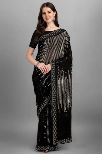 Golden heavy georgette designer saree with double run sequins embroidery & satin lace border