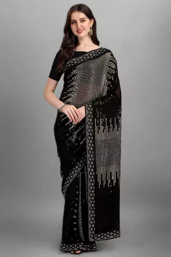 Golden heavy georgette designer saree with double run sequins embroidery & satin lace border