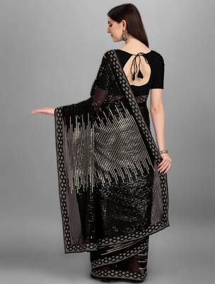 Golden georgette saree with double run sequins embroidery & satin lace border 2