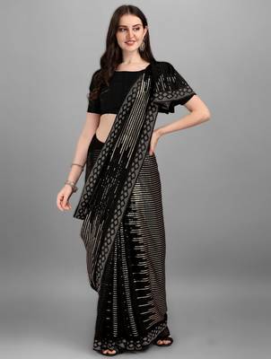 Golden georgette saree with double run sequins embroidery & satin lace border 3