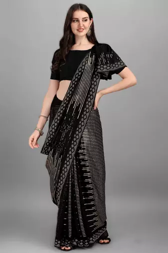 Golden georgette saree with double run sequins embroidery & satin lace border