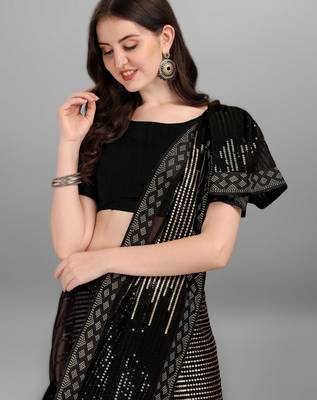 Golden georgette saree with double run sequins embroidery & satin lace border 4