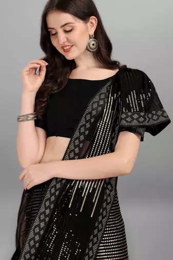 Golden georgette saree with double run sequins embroidery & satin lace border