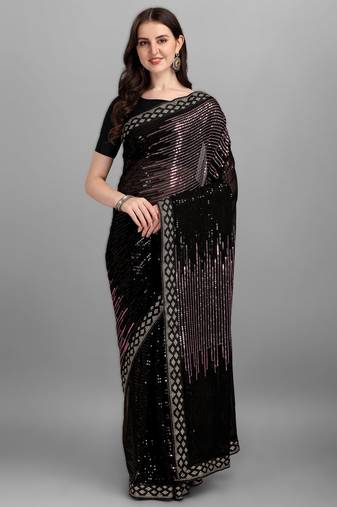 Onion pinkheavy georgette designer saree with double run sequins embroidery & satin lace border