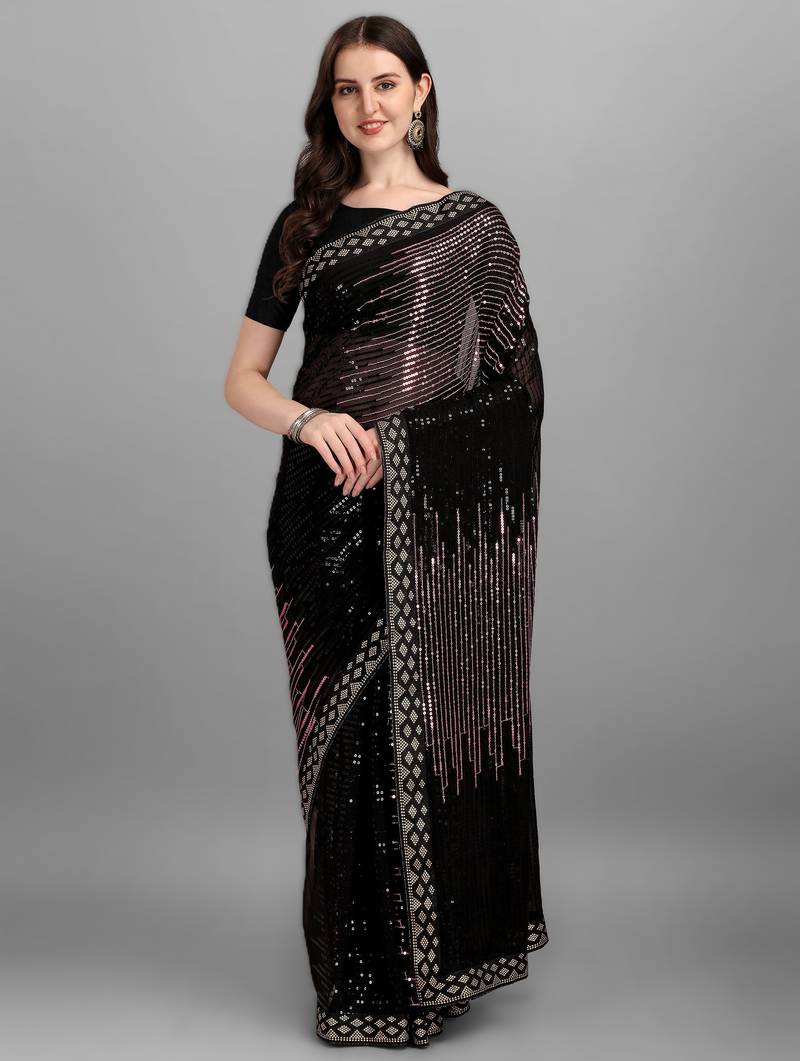 Onion pinkheavy georgette designer saree with double run sequins embroidery & satin lace border