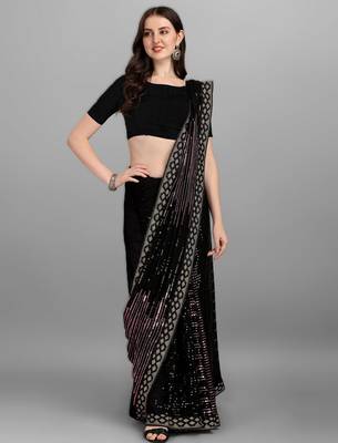 Onion pink georgette saree with double run sequins embroidery & satin lace border 3