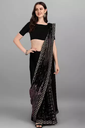 Onion pink georgette saree with double run sequins embroidery & satin lace border