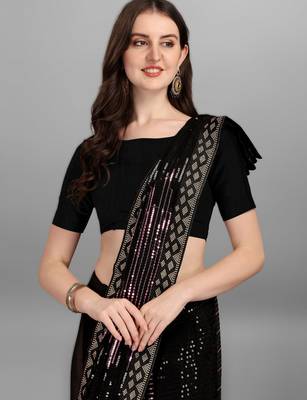 Onion pink georgette saree with double run sequins embroidery & satin lace border 4