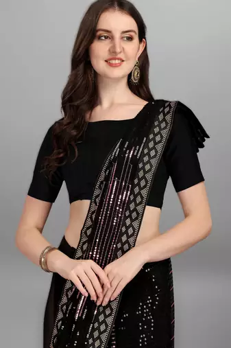 Onion pink georgette saree with double run sequins embroidery & satin lace border
