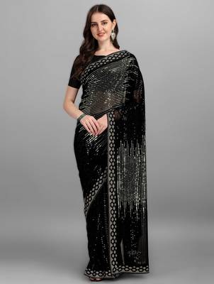 Parrot green georgette saree with double run sequins embroidery & satin lace border 1