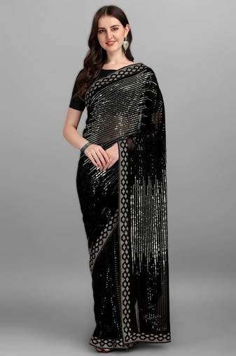 Parrot green heavy georgette designer saree with double run sequins embroidery & satin lace border