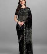 Parrot green heavy georgette designer saree with double run sequins embroidery & satin lace border